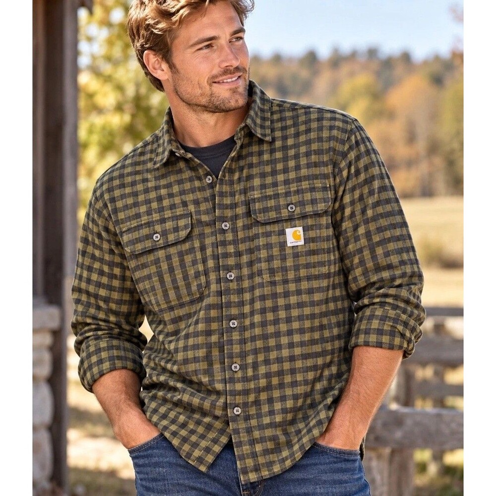 Carhartt Logo Flannel Shirt Mens XL Green Black Gingham Loose Fit Lumberjack EUC